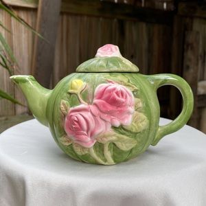 Green Teapot with Pink Roses Candy Jar